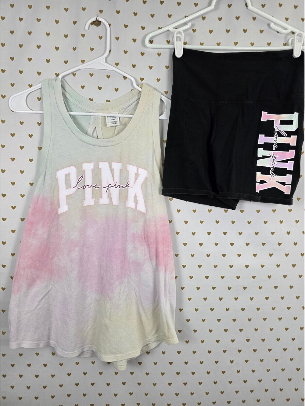 Victorias Secret PINK Watercolor Tank Top Bike shorts Logo SET Sm Med
